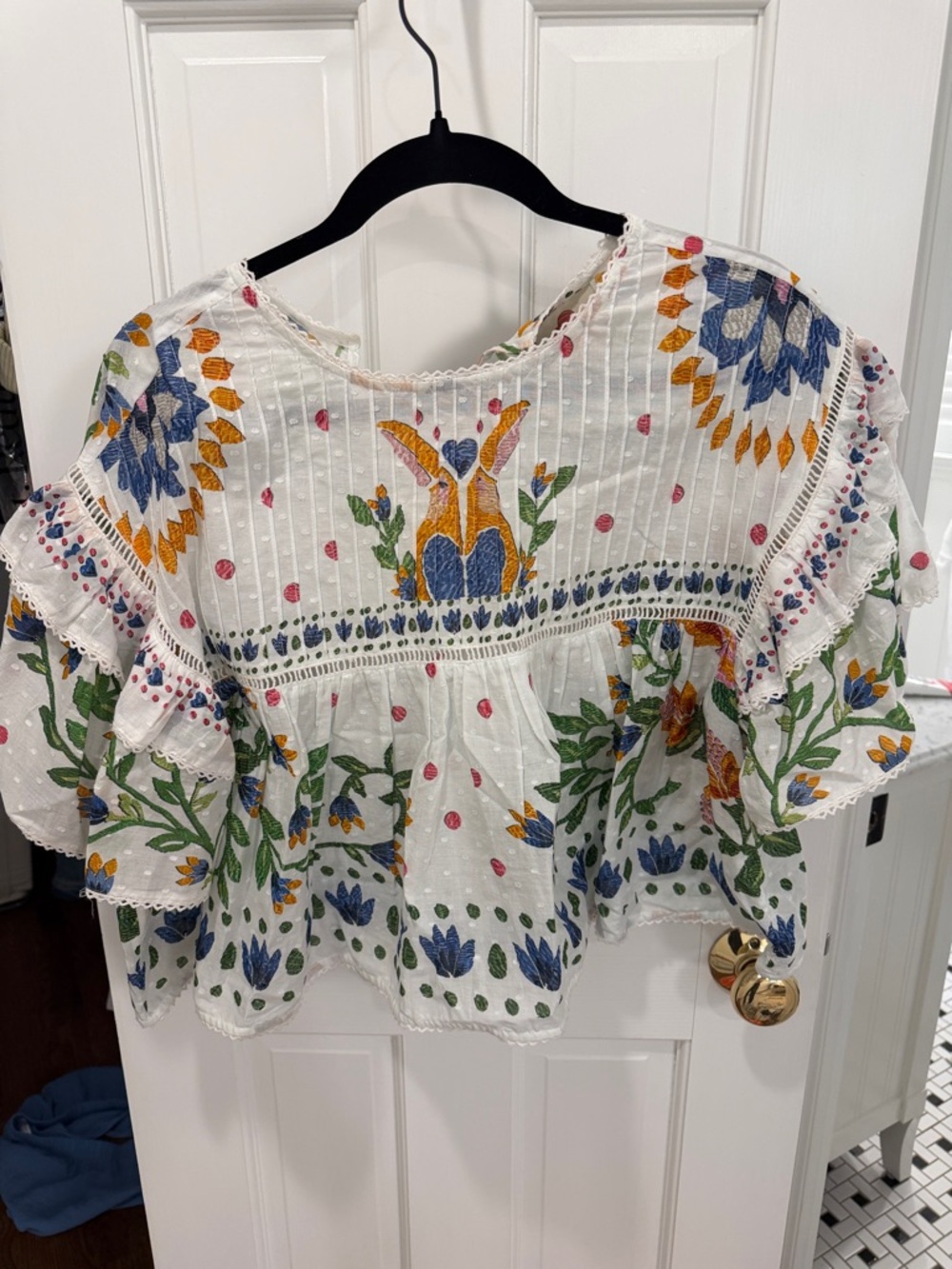 FARM Rio White Peasant Blouse with Blue, Gold & Green Embroidery